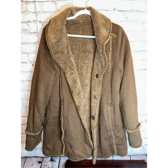 EDDIE BAUER SHERPA FAUX SHEARLING REVERSIBLE COAT SOFT BROWN TRENCH SOFT LARGE - Picture 2 of 12